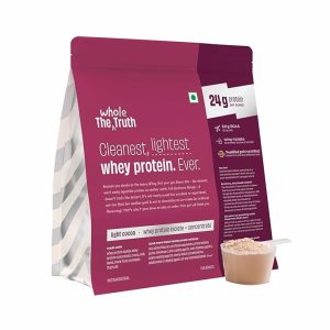 The Whole Truth Whey Protein Isolate+Concentrate | Light Cocoa 1 kg (2.2 lbs) | 24g Protein per scoop | 6.6g BCAA | No Adulteration | Clean, Light & Easy to Digest | Vegetarian